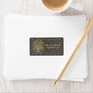 Gold Swirl Tree op zwart met sterren Save the Date Etiket