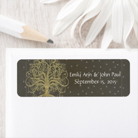 Gold Swirl Tree op zwart met sterren Save the Date Etiket (Insitu)