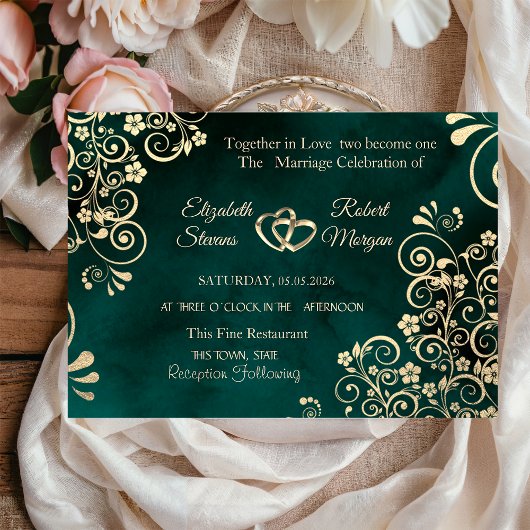 Gold Swirls Emerald Green Wedding  Kaart