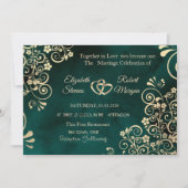 Gold Swirls Emerald Green Wedding  Kaart (Voorkant)