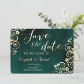 Gold Swirls Emerald Green Wedding Save The Date (Debout devant)
