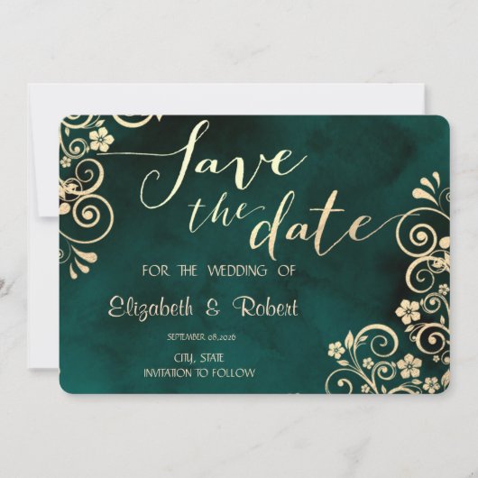 Gold Swirls Emerald Green Wedding Save The Date (Devant)
