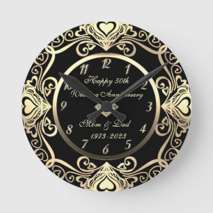 Gold Swirls Hearts Diamond 50th Wedding Ronde Klok