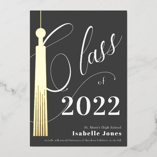 Gold Tassel Grey Afstuderen Folie Uitnodiging (Voorkant)
