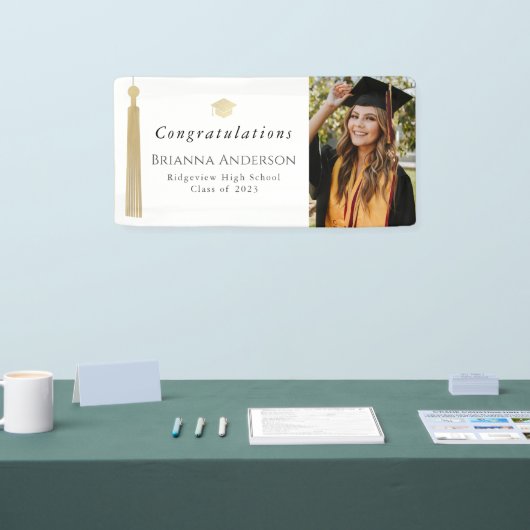 Gold Tassel & Pet White Graduparty foto Spandoek (Beurs)