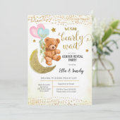 Gold Teddy Bear Ballon Gender Reopenbaart feest Kaart (Staand voorkant)