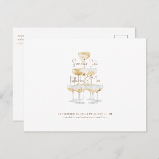 Gold Text Champagne Tower Save our Date Briefkaart (Voorkant / Achterkant)