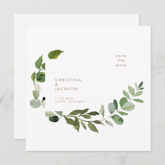 Gold Text Eucalyptus Wedding Square Save the Date (Voorkant / Achterkant)