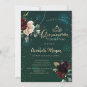 Gold Tiara, Burgundy Flowers Green Quinceañera Kaart (Voorkant)