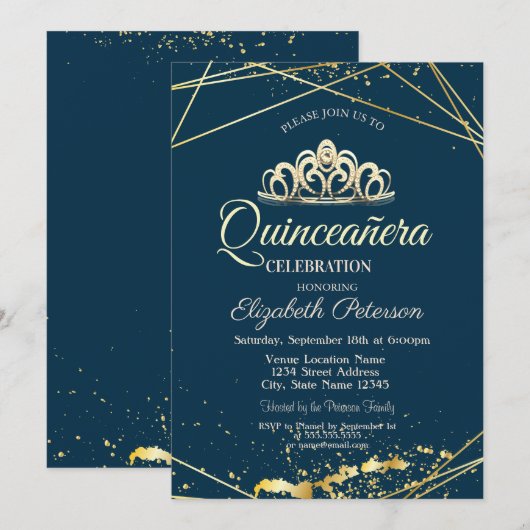 Gold Tiara, Navy Blue Quinceañera Kaart (Voorkant / Achterkant)