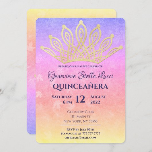 Gold Tiara Quinceañera Party Invitation (Devant / Derrière)