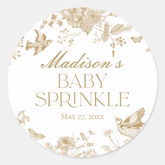 Gold Toile De Jouy  Bloemen Baby Sprinkle Ronde Sticker (Voorkant)