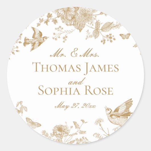 Gold Toile De Jouy  Bloemen Huwelijksgunst Ronde Sticker (Voorkant)
