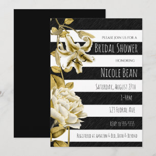 Gold Tone Floral Black & White Striped Invitation Kaart