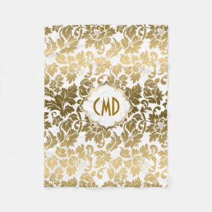 Gold Tones Floral Damasover White Background Fleece Deken