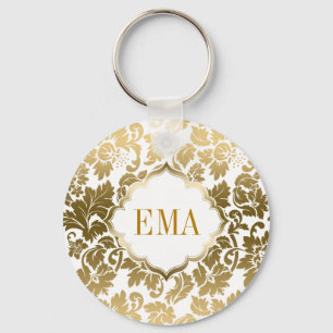 Gold Tones Floral Damasover White Background Sleutelhanger