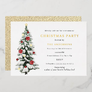 Gold Traditional Waterverf Tree-kerstfeest Folie Uitnodiging