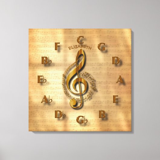 Gold Treble Clef Clock met Circle of Fifths Music Canvas Afdruk (Voorkant)