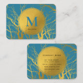 Gold Tree Branches Blue Monogram Professional Visitekaartje (Voorkant / Achterkant)