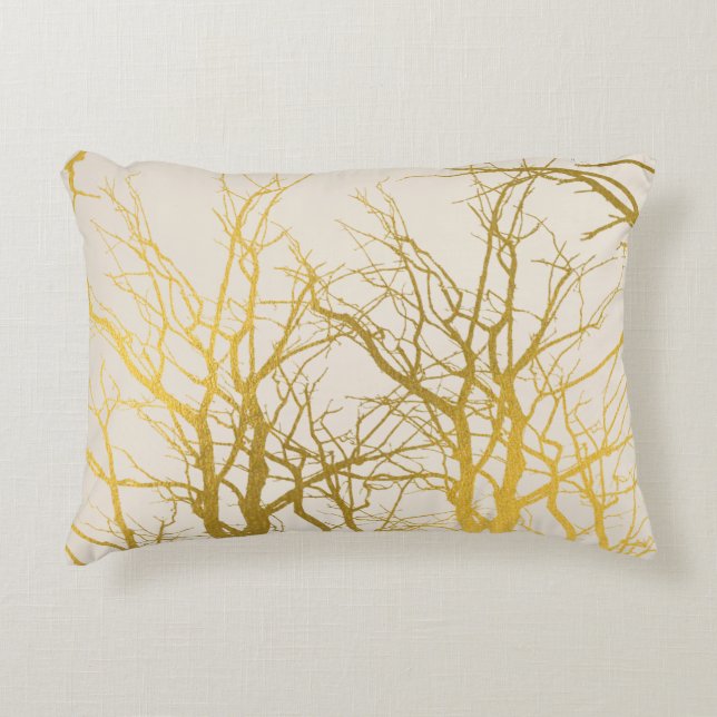 Gold Tree Branches Pattern Beige Background Accent Kussen (Voorkant)