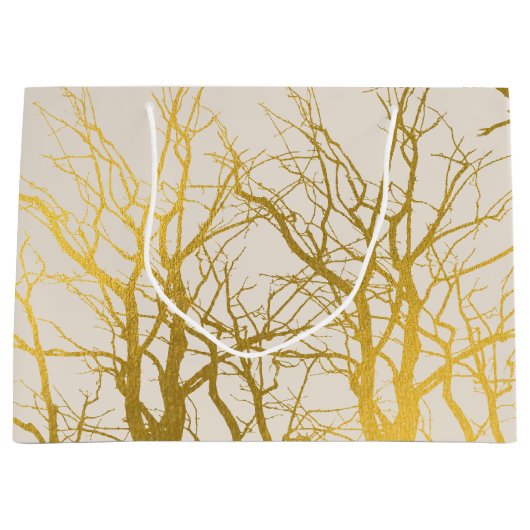 Gold Tree Branches Pattern Beige Background Groot Cadeauzakje (Voorkant)