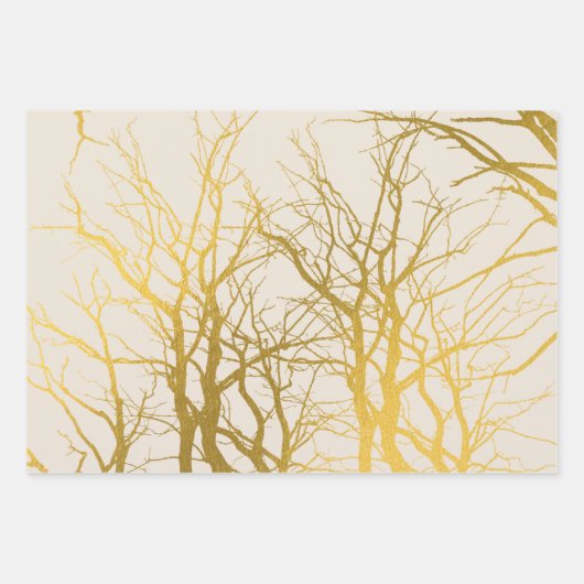 Gold Tree Branches Pattern Beige Background Inpakpapier Vel (Voorkant)