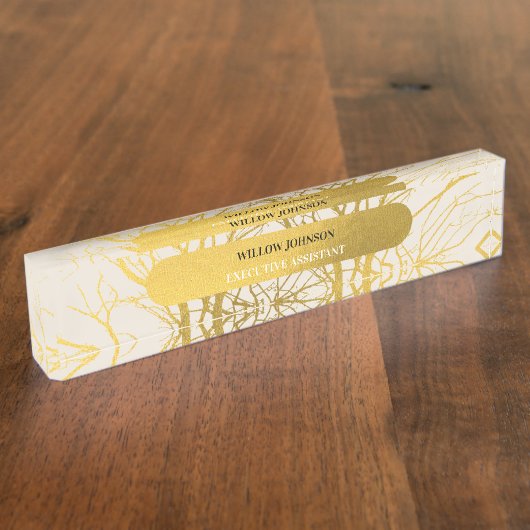Gold Tree Branches Pattern Beige Background Naambordje (Zijkant)
