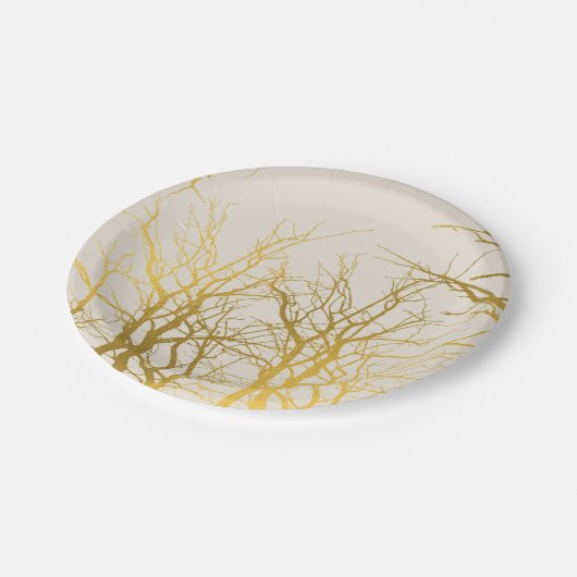 Gold Tree Branches Pattern Beige Background Papieren Bordje (Gekanteld)