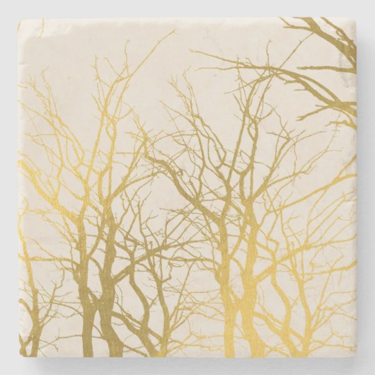 Gold Tree Branches Pattern Beige Background Stenen Onderzetter (Voorkant)