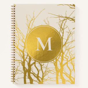 Gold Tree Branches Pattern Beige Monogram Notitieboek