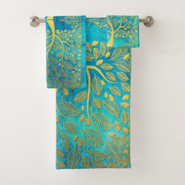 Gold Tree en Leaves Reflection op Turquoise Blue Bad Handdoek