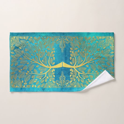 Gold Tree en Leaves Reflection op Turquoise Blue Bad Handdoek (Handdoek)