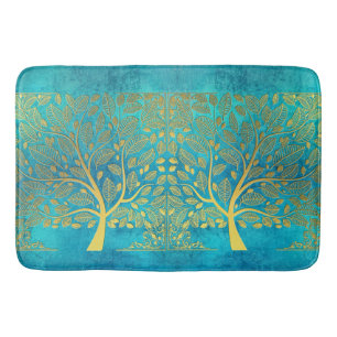 Gold Tree en Leaves Reflection op Turquoise Blue Badmat