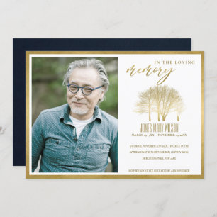 GOLD TREE FOTO SYMPATHY MEMORIAL SERVICE INVITE BEDANKKAART