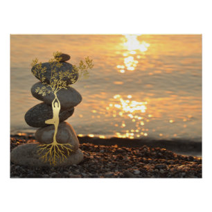 Gold Tree Girl Silhouette Zen Stones, Sunset, Beac Perfect Poster