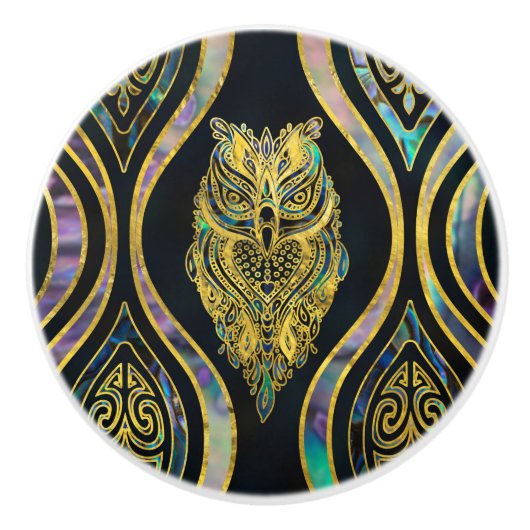 Gold Tribal Owl op Boho Abalone Pattern Keramische Knop (Voorkant)