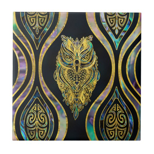 Gold Tribal Owl op Boho Abalone Pattern Tegeltje (Voorkant)