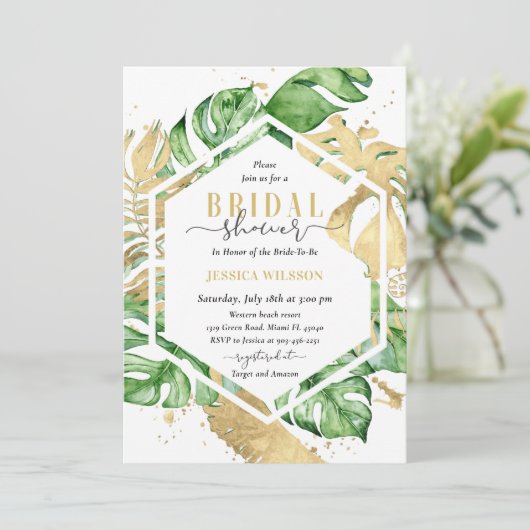 Gold Tropical Bridal Shower Invitation (Debout devant)