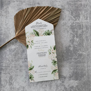 Gold Tropical Foliage Floral Wedding All In One Uitnodiging