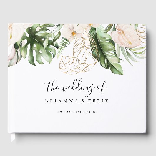 Gold Tropical Foliage Floral Wedding Gastenboek (Voorkant)