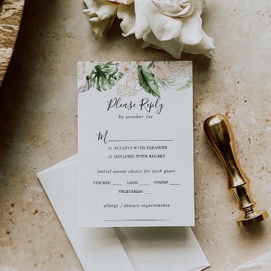 Gold Tropical Foliage Wedding Menu Keuze RSVP