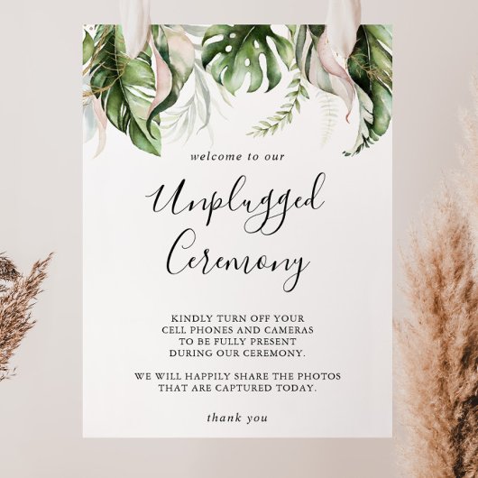 Gold Tropical Greenery Unplugged Ceremony Sign Poster