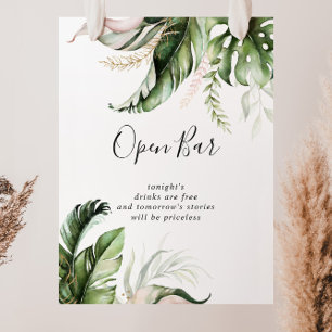 Gold Tropical Greenery Wedding Open Bar Sign Poster