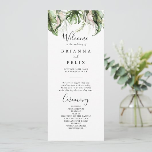 Gold Tropical Greenery Wedding Programme (Debout devant)