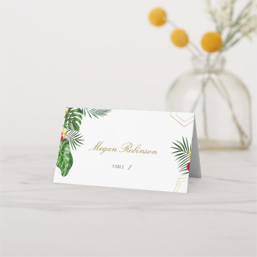 Gold Tropical Wedding Floral Tent Place Card (Voorkant)
