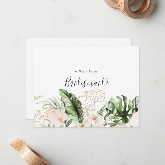 Gold Tropische Bridesmaid-kaartje Notitiekaartje (Voorkant / Achterkant in situ)