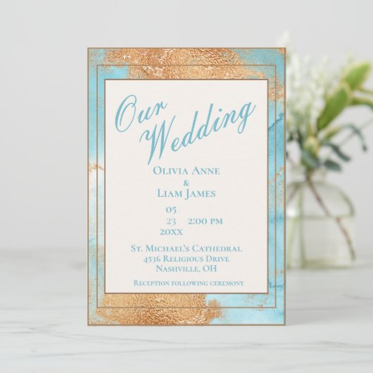 Gold Turquoise Abstract Script Wedding Kaart (Staand voorkant)