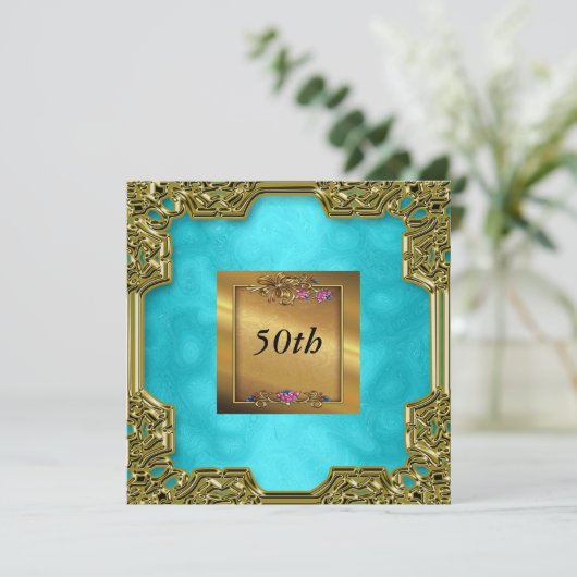 Gold Turquoise Anniversaire Invitations (Debout devant)