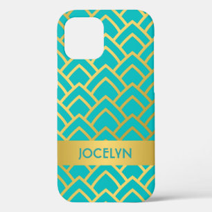 Gold Turquoise Art Deco Geometric Personalized iPhone 12 Hoesje