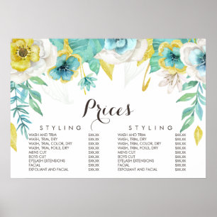 Gold Turquoise Floral Beauticier Menu Prix Poster